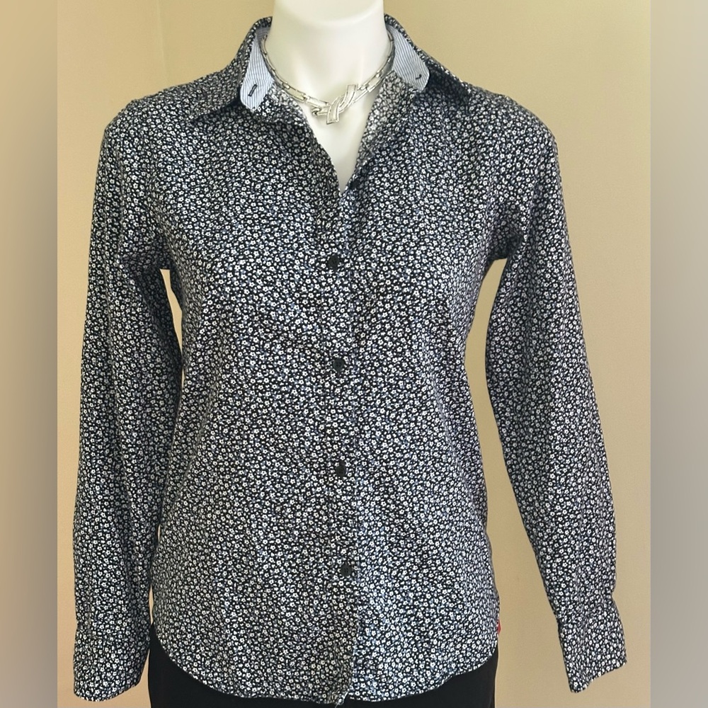 Chaps Navy & White Small Floral Print Button-Up Shirt No Iron 100% Cotton Sz SP.